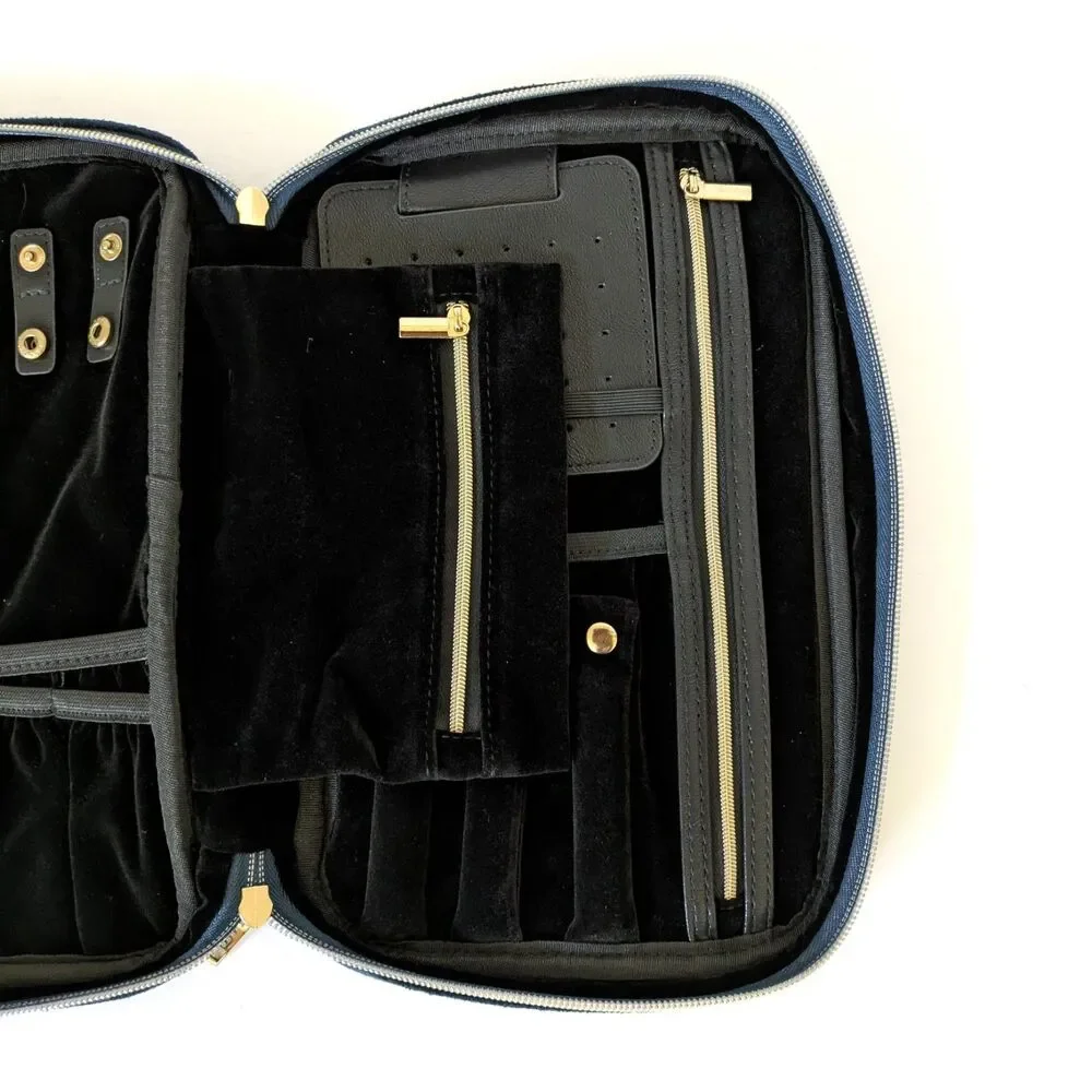 Quilted Navy Blue Travel Jewelry Organizer Case Zip Pouch Padded Storage Bag - Picture 7 of 12